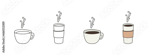 Tea or coffee hot beverage cup doodle style set. Cafe drink cute drawing.