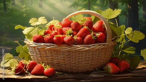 ripe strawberries, glistening with dew under the morning sun, nestled in a wicker basket