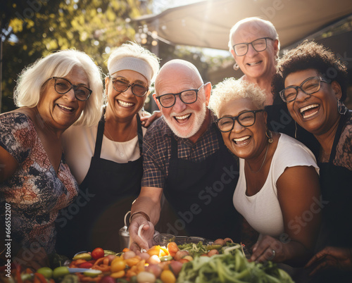 Happy multiethnic seniors having fun together outside. Friendship and lifestyle concept