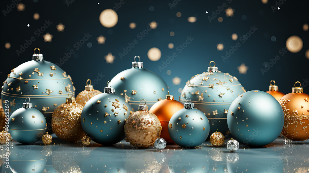 Christmas and New Year holidays background with golden and blue balls, and baubles. Blue background. 3d rendering. Generative AI technology. Christmas and New Year holidays background with golden and blue balls, and baubles. Blue background. 3d rendering. Generative AI technology.