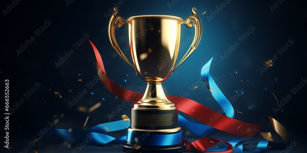 Shining Gold Trophy with Red Ribbon on Dark Background, Isolated Copy Space Shining Gold Trophy with Red Ribbon on Dark Background, Isolated Copy Space