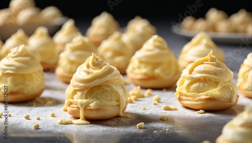 A batch of delectable homemade pastry cream puffs, expertly crafted and exquisitely presented. photo