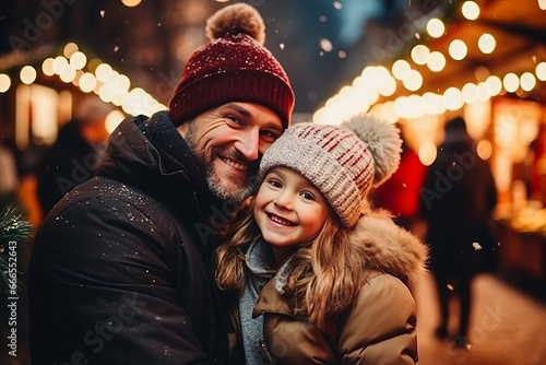 Winter holidays concept. Happy fabulous childhood. A European family is having fun at a Christmas market in the city. Father and daughter relationship. Generative AI.