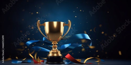 Shining Gold Trophy with Red Ribbon on Dark Background, Isolated Copy Space