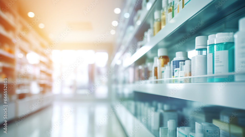Fototapeta premium Blurred background of a pharmacy store. Pharmacist and medicine concept.