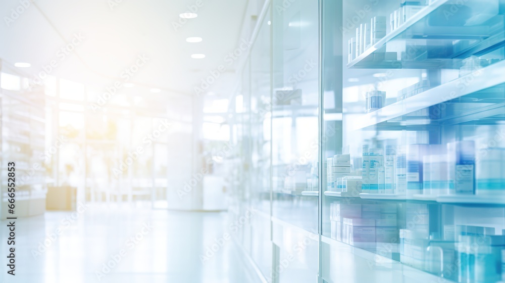 Blurred background of a pharmacy store. Pharmacist and medicine concept. Blurred background of a pharmacy store. Pharmacist and medicine concept.