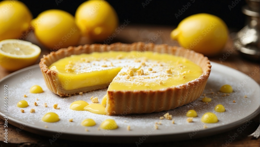 A classic French lemon tart, with its perfectly golden and flaky crust, is the main subject of this exquisite photograph. A classic French lemon tart, with its perfectly golden and flaky crust, is the main subject of this exquisite photograph.