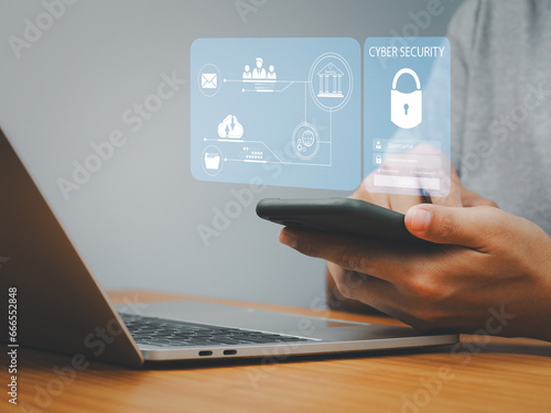 Cyber security, access information privacy on digital technology concept of security user privacy and encryption with Key to lock financial and investment information