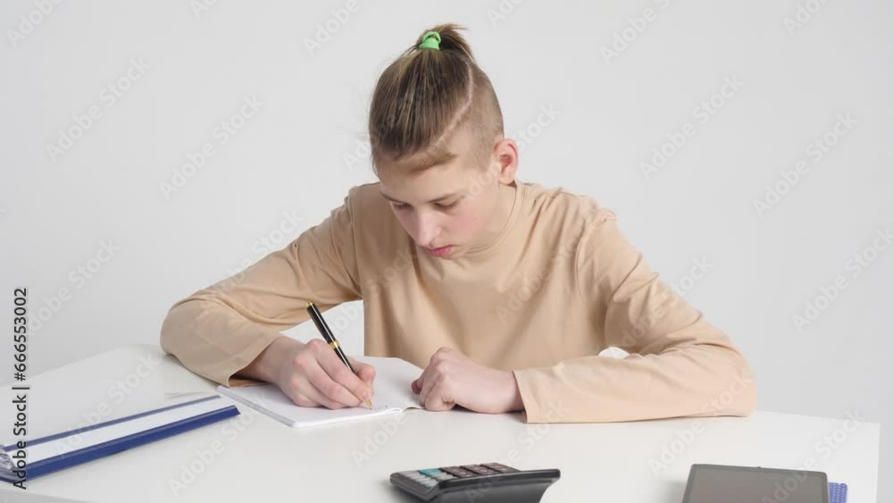 Young man, teenager writing in notebook at table, white studio background, learning concept Young man, teenager writing in notebook at table, white studio background, learning concept