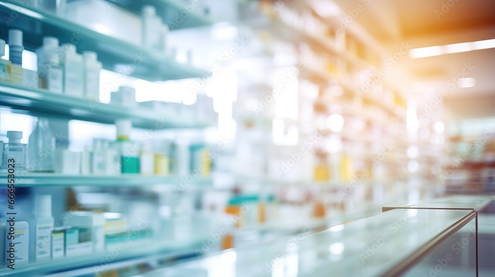 Fototapeta premium Blurred background of a pharmacy store. Pharmacist and medicine concept.