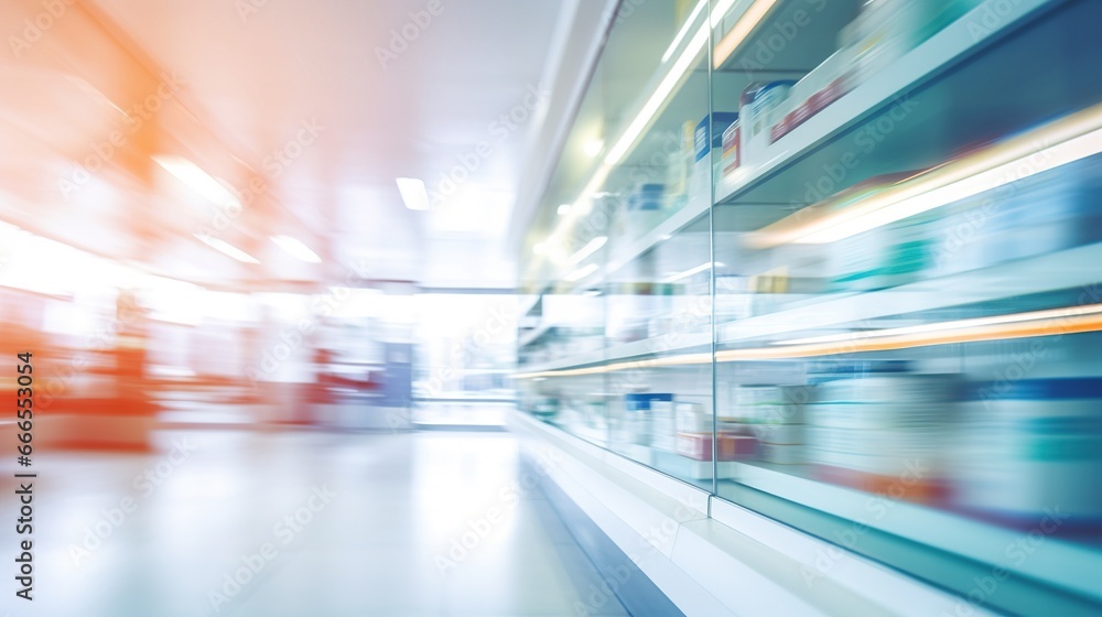 Blurred background of a pharmacy store. Pharmacist and medicine concept. Blurred background of a pharmacy store. Pharmacist and medicine concept.
