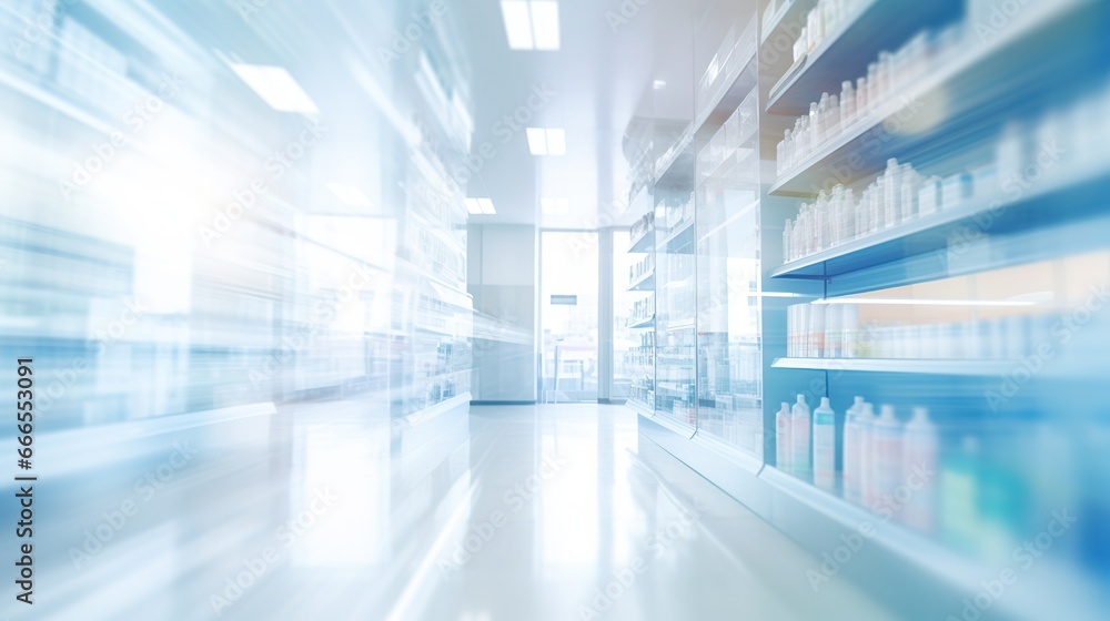 Fototapeta premium Blurred background of a pharmacy store. Pharmacist and medicine concept.
