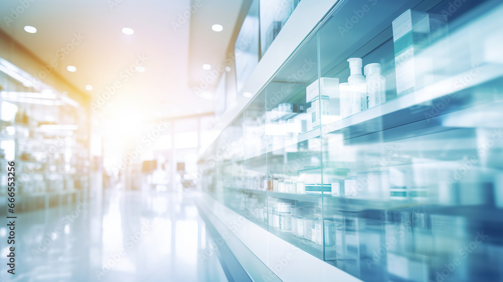 Blurred background of a pharmacy store. Pharmacist and medicine concept.