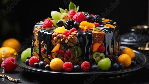 A delectable fruit cake contrasts against a dark  alluring background  the black plate serving as a perfect stage for its vibrant presence.