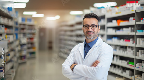 Smiling portrait of a handsome pharmacist against the backdrop of a pharmacy store. Health care and formceptics background