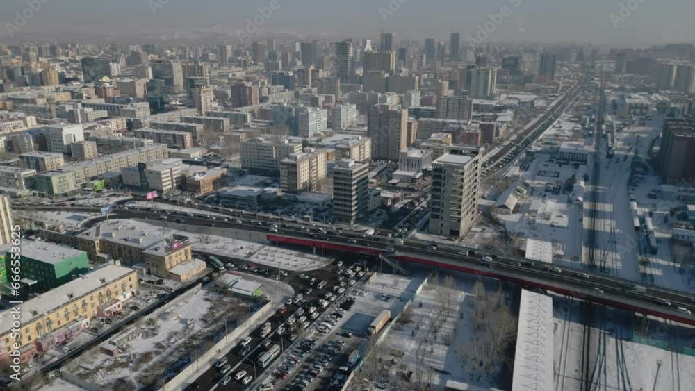 Aeral view to the center of Ulaanbaatar, transport and traffic jams 4k Aeral view to the center of Ulaanbaatar, transport and traffic jams 4k