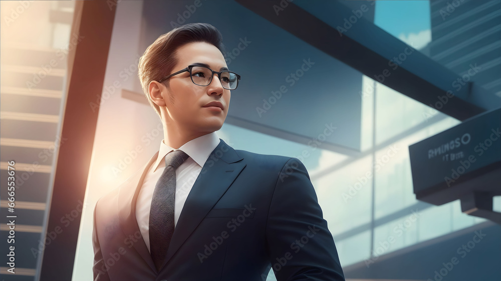 A confident and financially successful businessman works in a modern building, representing success and prosperity. A confident and financially successful businessman works in a modern building, representing success and prosperity.