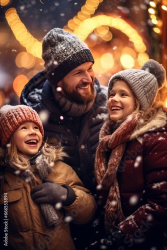 Winter holidays concept. Happy fabulous childhood. A European family is having fun at a Christmas market in the city. Father and two daughter relationship. Generative AI.