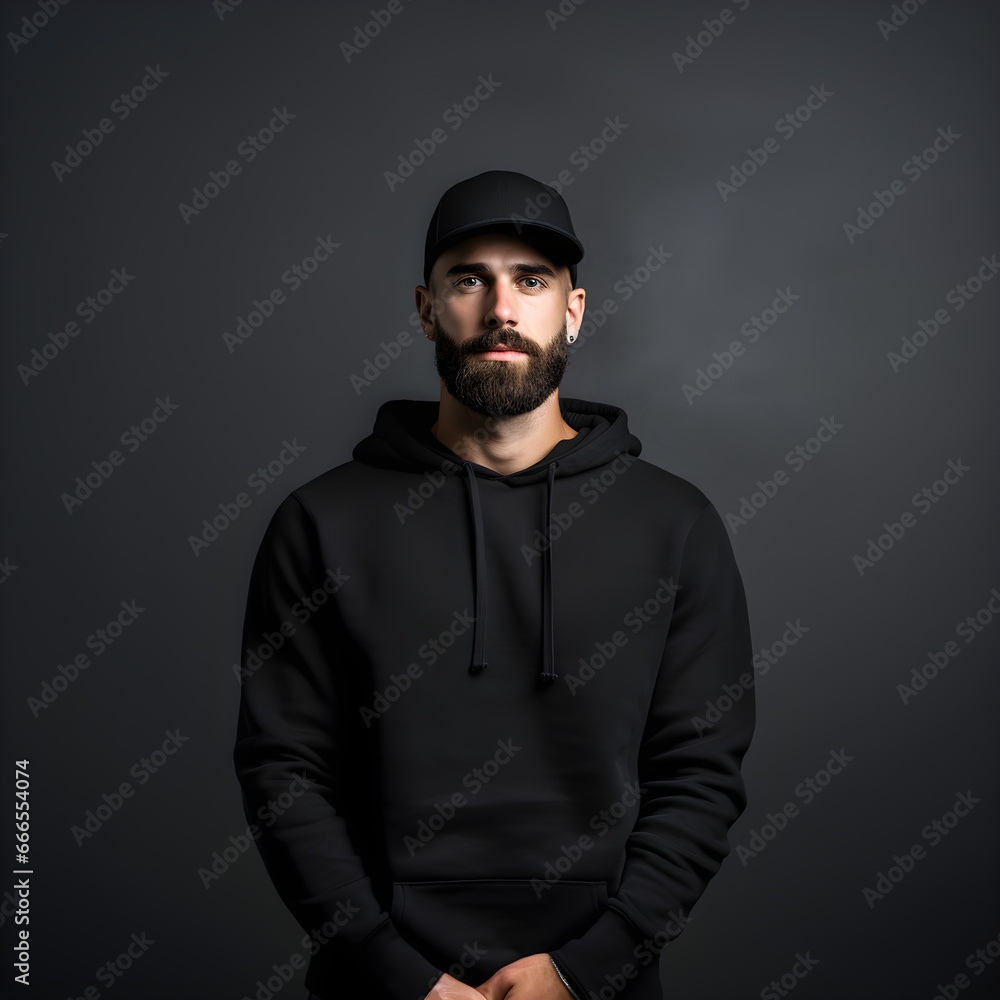 Handsome man with beard wearing black hoodie sweatshirt Handsome man with beard wearing black hoodie sweatshirt