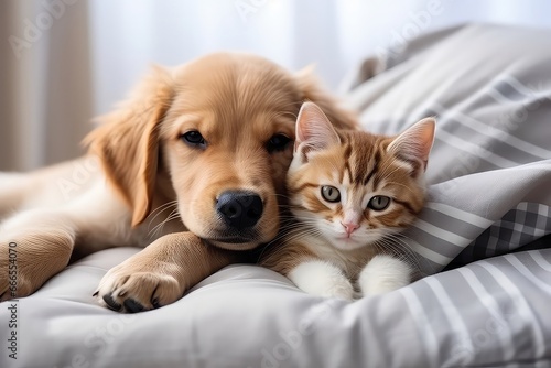 Adorable Friendship Between Puppy And Kitten On The Bed