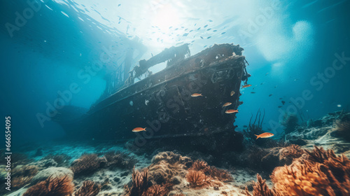 Shipwreck on the ocean floor. Underwater scenery. Tropical coral reefs. © Allistair/Peopleimages - AI