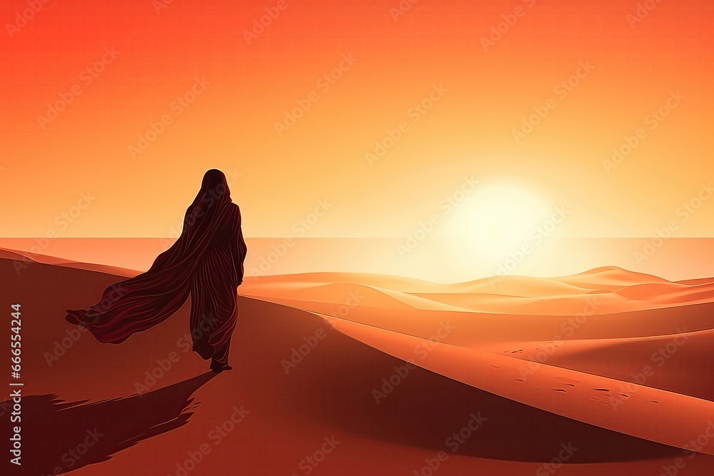 Arabian Woman Walking In The Desert At Sunset