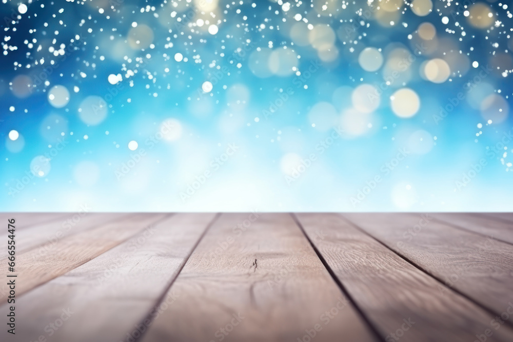 Beautiful winter snowy blurred defocused blue background and empty wooden flooring.AI Generative Beautiful winter snowy blurred defocused blue background and empty wooden flooring.AI Generative