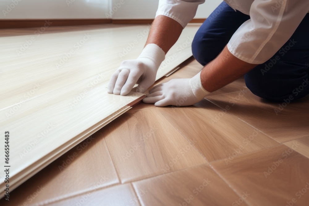 Elegant Wood Floor Installation with White Gloved Hands and Wooden Tape Elegant Wood Floor Installation with White Gloved Hands and Wooden Tape