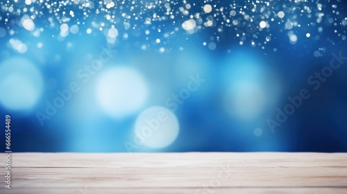 Beautiful winter snowy blurred defocused blue background and empty wooden flooring.AI Generative