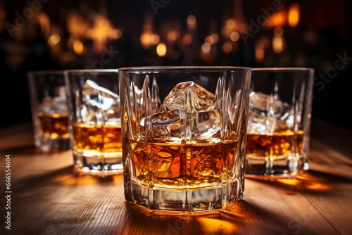 Whiskey glass on a bar table, containing brown liquor and ice
