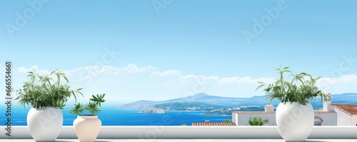 Beautiful Plants In Ceramic Pots On Transparent Backgrounda Traditional Mediterranean White House With Stunning Sea View