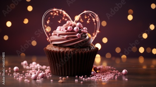  a cupcake with pink frosting and sprinkles in the shape of a heart.  generative ai