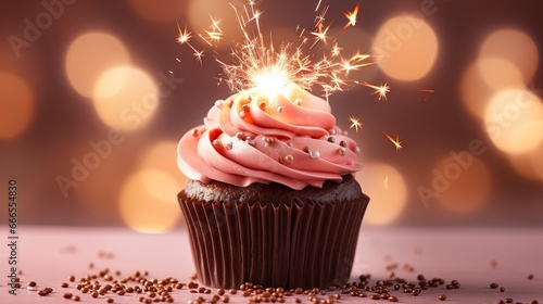  a cupcake with pink frosting and a sparkler on top.  generative ai
