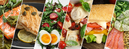 Assortment of tasty dishes. Collage with different meals, closeup