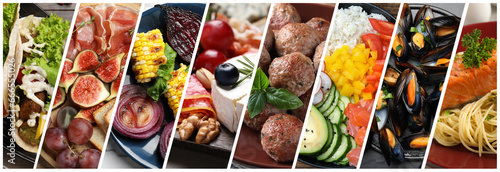 Assortment of tasty dishes. Collage with different meals, closeup