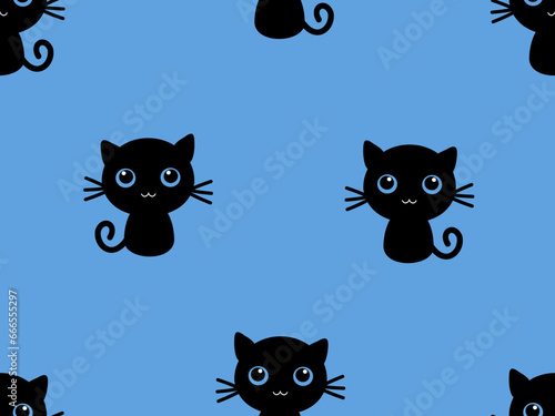 Halloween seamless pattern with black cat cartoon on blue background vector illustration.
