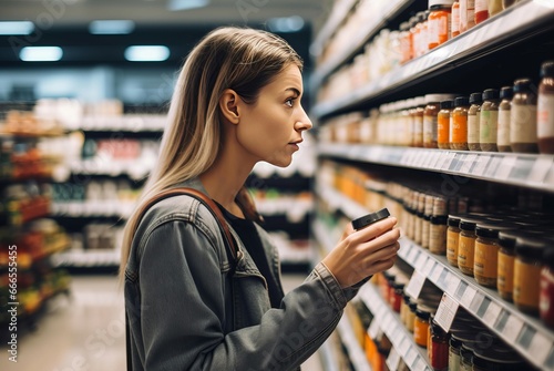 Woman customer looking at shelf in market. Female client grocery shopping supermarket. Generate ai photo