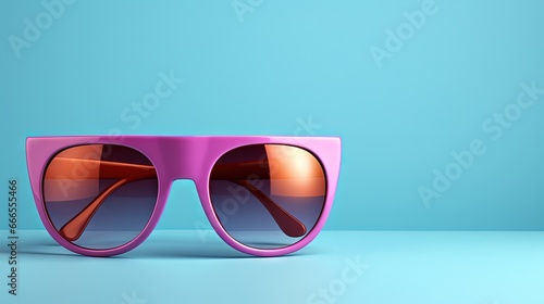  a pair of pink sunglasses on a blue surface with a blue background. generative ai