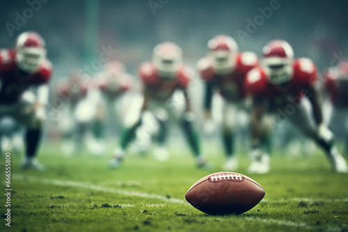 Closeup of american football with american players background. © Golden House Images