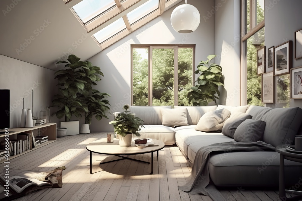 Fototapeta premium Modern Loft Living Room with Cozy Christmas Decorations and Copy Space