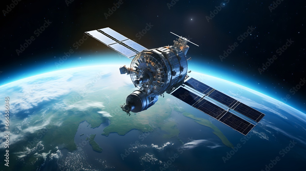 illustration with an artificial satellite in orbit around the earth illustration with an artificial satellite in orbit around the earth