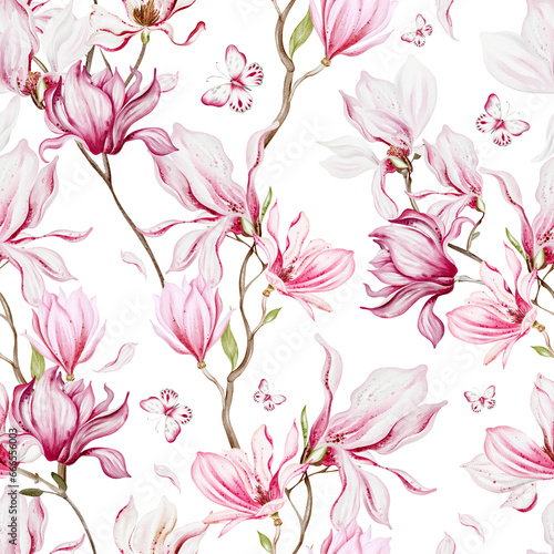 Watercolor seamless pattern with pink magnolia flowers and leaves.