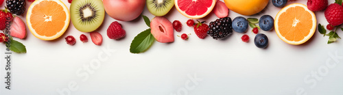 Fresh fruits and berries on white background. Healthy food concept. Top view. photo