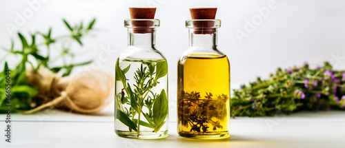 Essential oil in glass bottles with fresh herbs on white background.