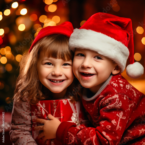 Portrait of a cute little girl and boy in Santa hats with Christmas gifts.