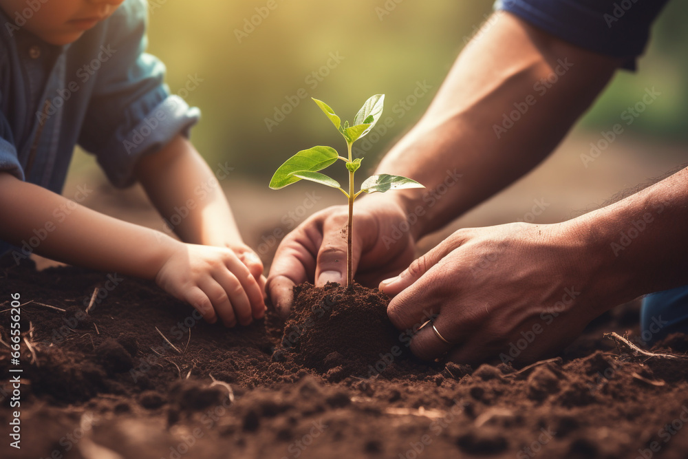 Father and son hands growing young plant on soil. - obrazy, fototapety, plakaty 