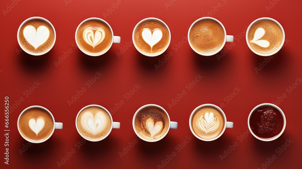 a set of six cups of coffee with hearts on them. generative ai a set of six cups of coffee with hearts on them. generative ai