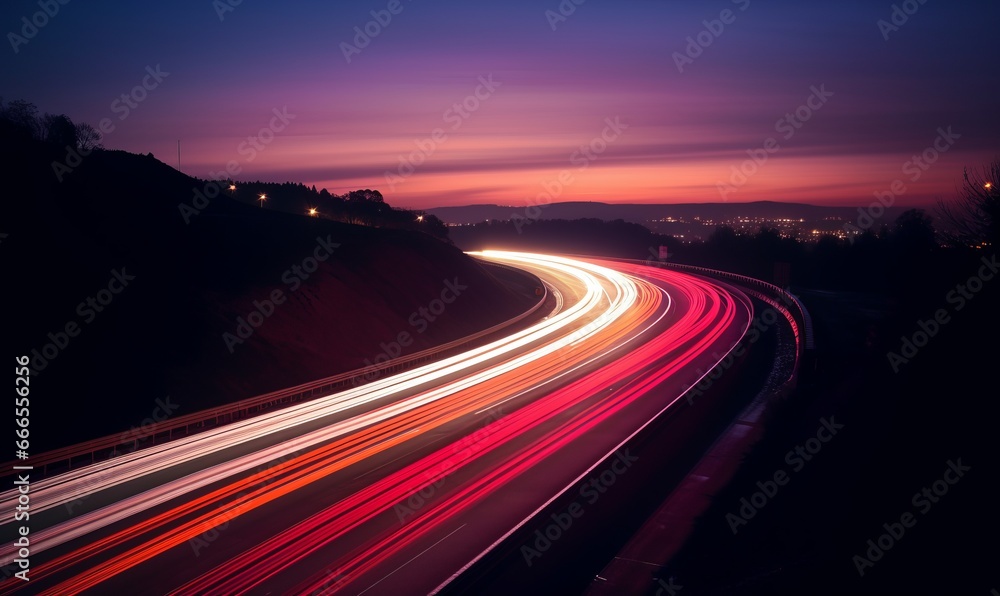 Nighttime Traffic Trails on Dark Motorway with Vibrant Traffic Lights