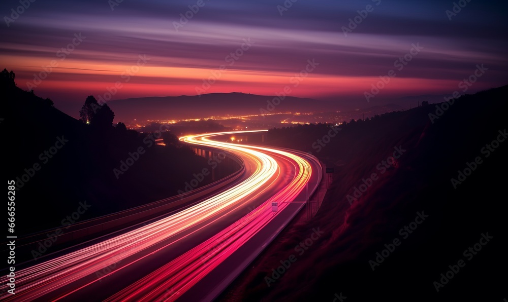Nighttime Traffic Trails on Dark Motorway with Vibrant Traffic Lights