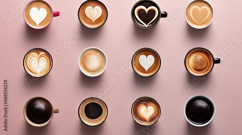  a bunch of cups of coffee with hearts on top of them. generative ai